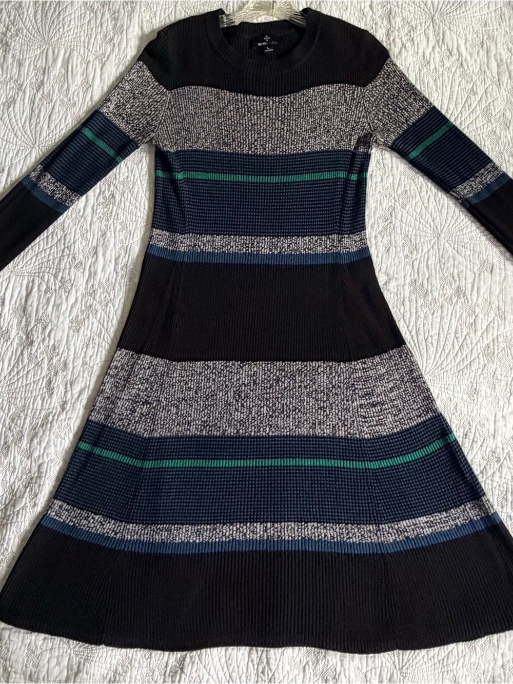 Ronni Nicole | Striped Knit Fit-and-Flare Sweater Dress in Black and Blue